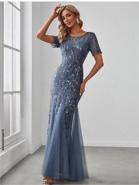 Embellished Steel Blue Maxi Dress- Short Sleeves, flowy, elegant lightweight.